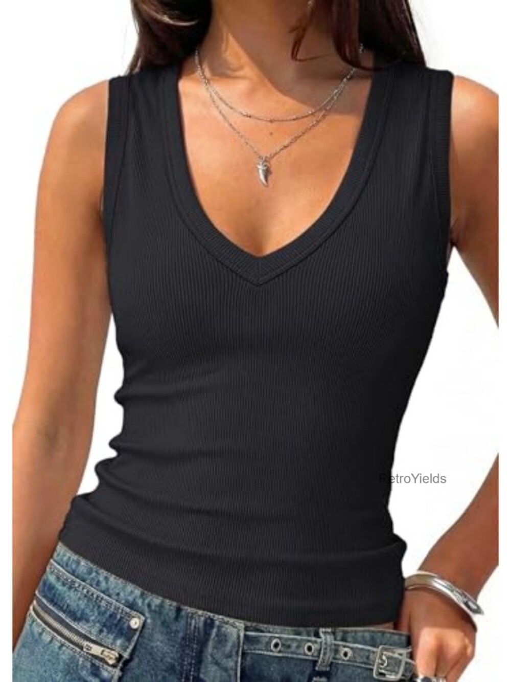 Ribbed Tank Top Women Deep V Neck Fitted Sleeveless Summer Top
